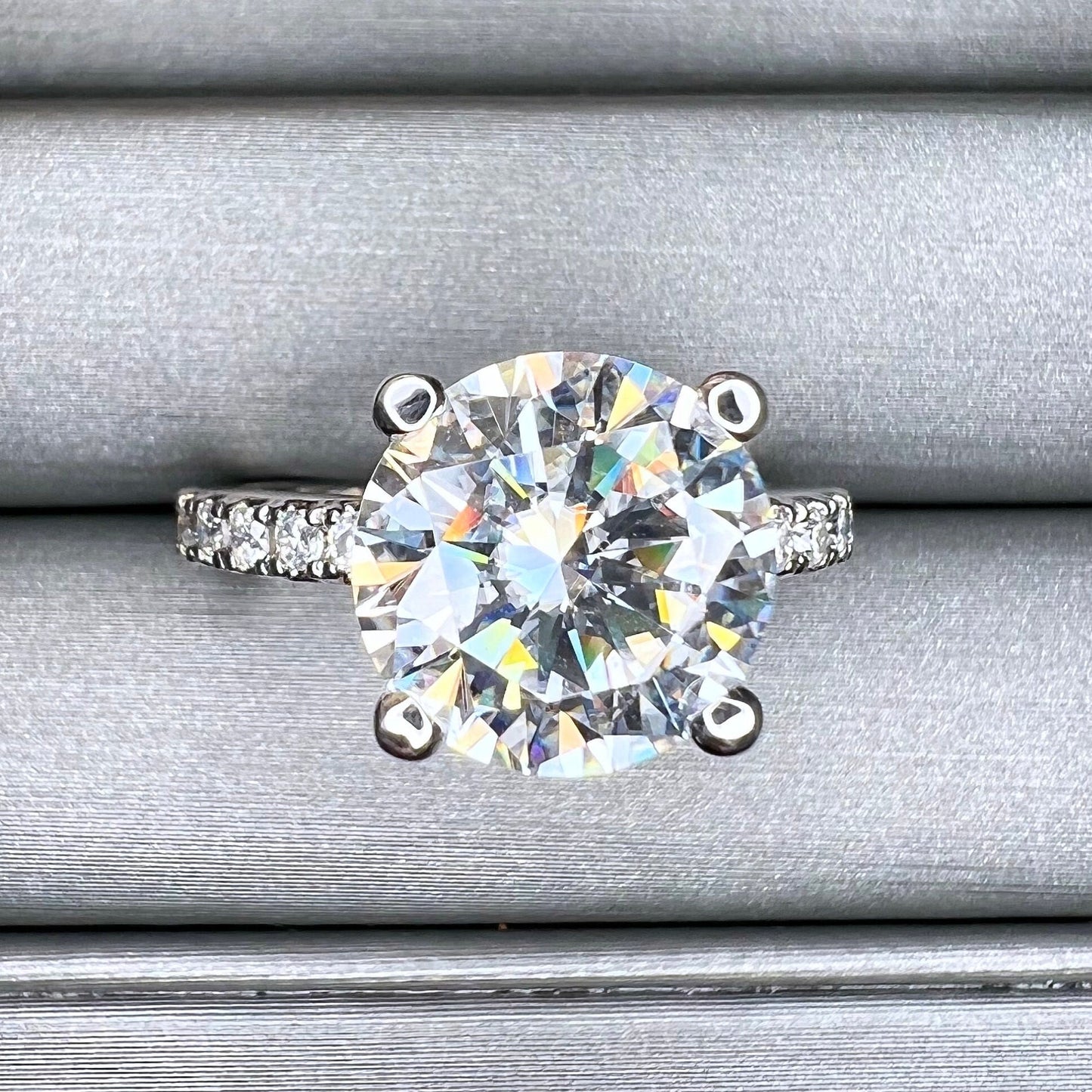 Moissanite Round Brilliant Solitaire Engagement Ring With Round Moissanite Accents In 14K White Gold, Infinity Jewelers USA #6903 #6904