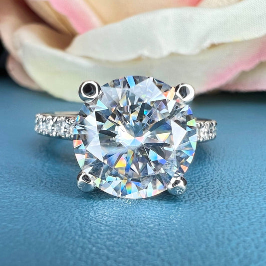 Moissanite Round Brilliant Solitaire Engagement Ring With Round Moissanite Accents In 14K White Gold, Infinity Jewelers USA #6903 #6904