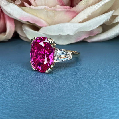 Pink Sapphire Oval Engagement Ring, 14k Yellow Gold Ring, Large Oval Engagement Ring, Three Stone Ring, Sapphire and Moissanite Ring,  #6364