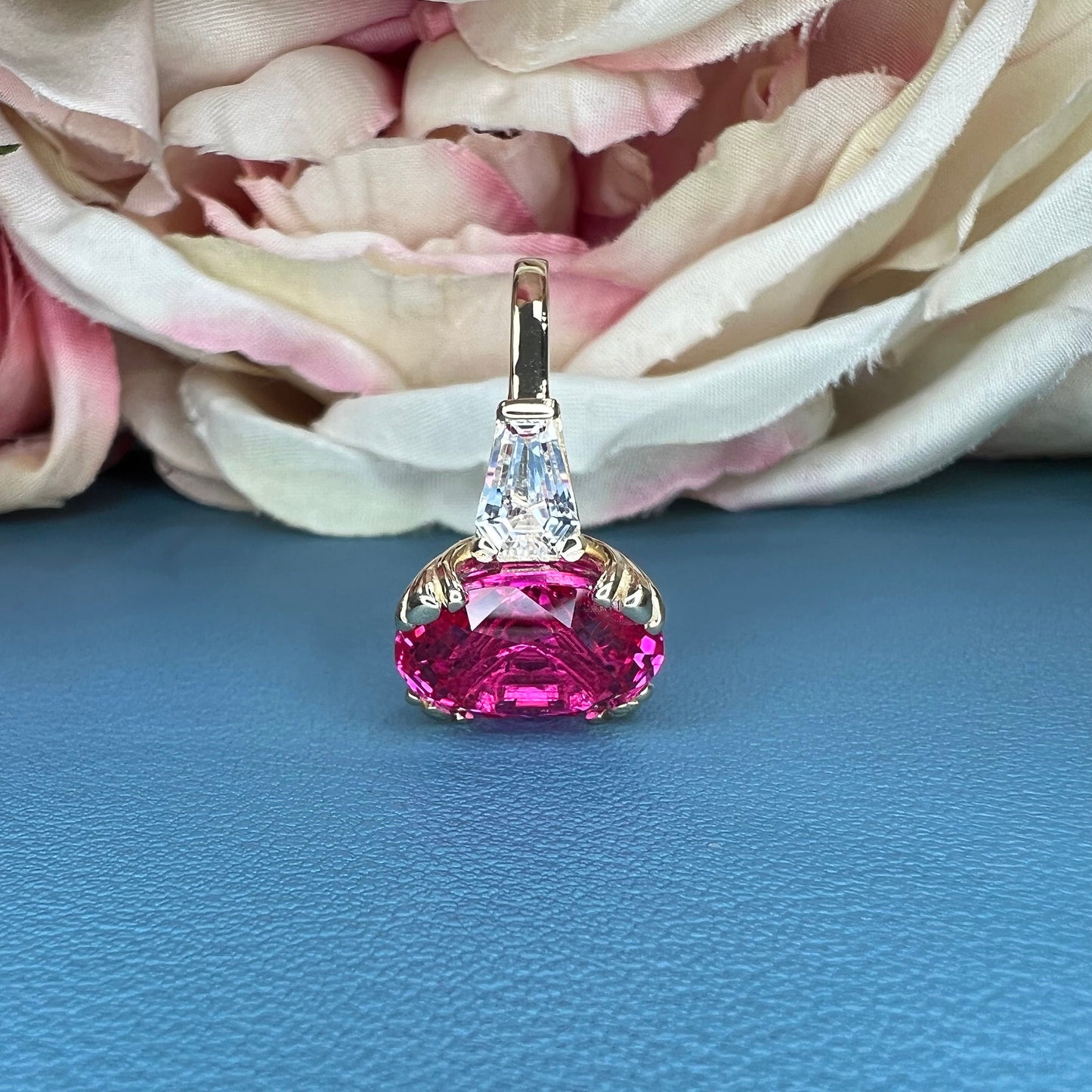 Pink Sapphire Oval Engagement Ring, 14k Yellow Gold Ring, Large Oval Engagement Ring, Three Stone Ring, Sapphire and Moissanite Ring,  #6364