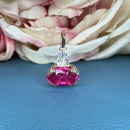 Pink Sapphire Oval Engagement Ring, 14k Yellow Gold Ring, Large Oval Engagement Ring, Three Stone Ring, Sapphire and Moissanite Ring,  #6364