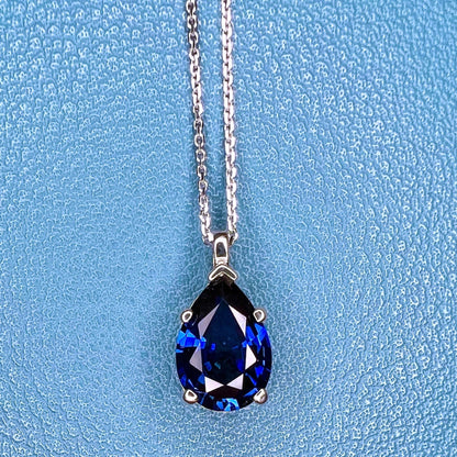 Blue Sapphire Necklace 14K White Gold, Pear Shape Blue Sapphire Pendant Necklace For Ladies, Layering September Birthstone Jewelry