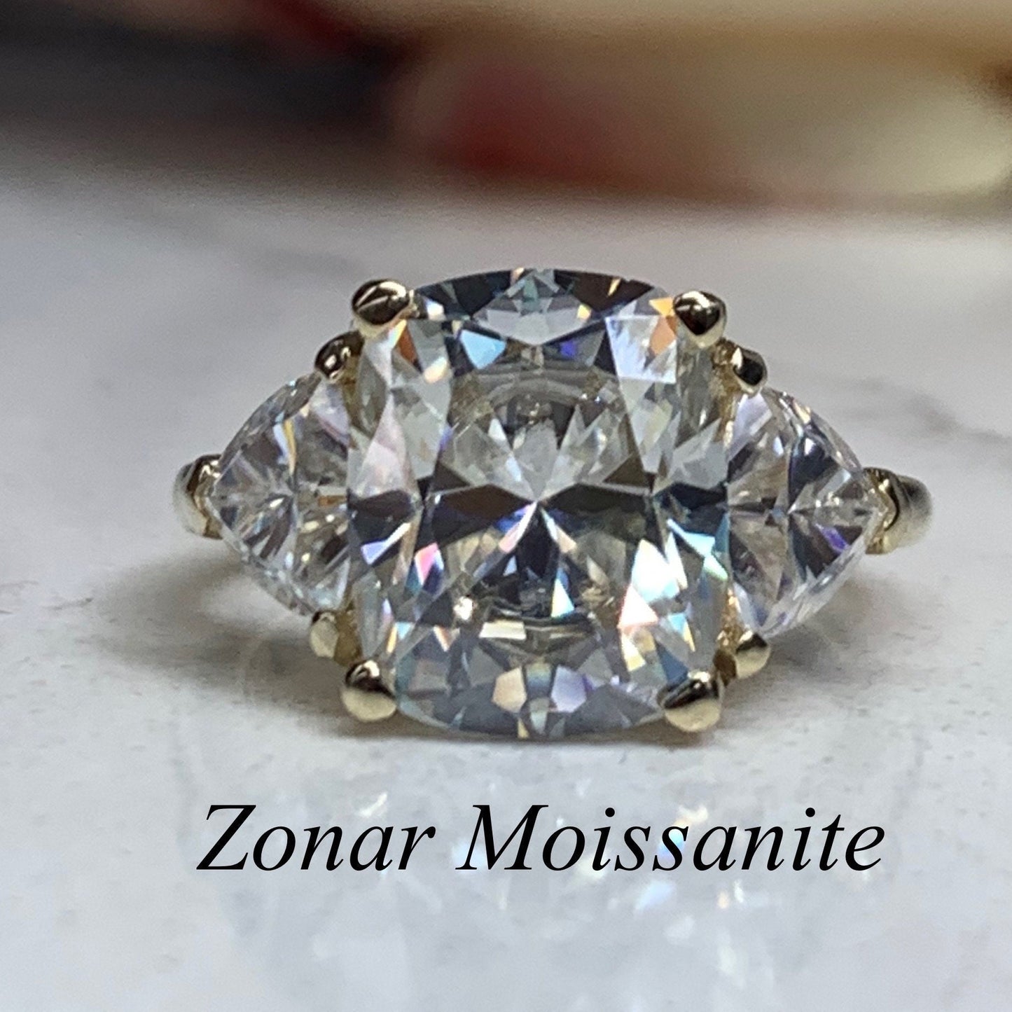 Moissanite Cushion Cut Engagement Ring With Trillions In 14k Yellow Gold, Three Stone Engagement Ring, Ring For Ladies,  #6834, #6835