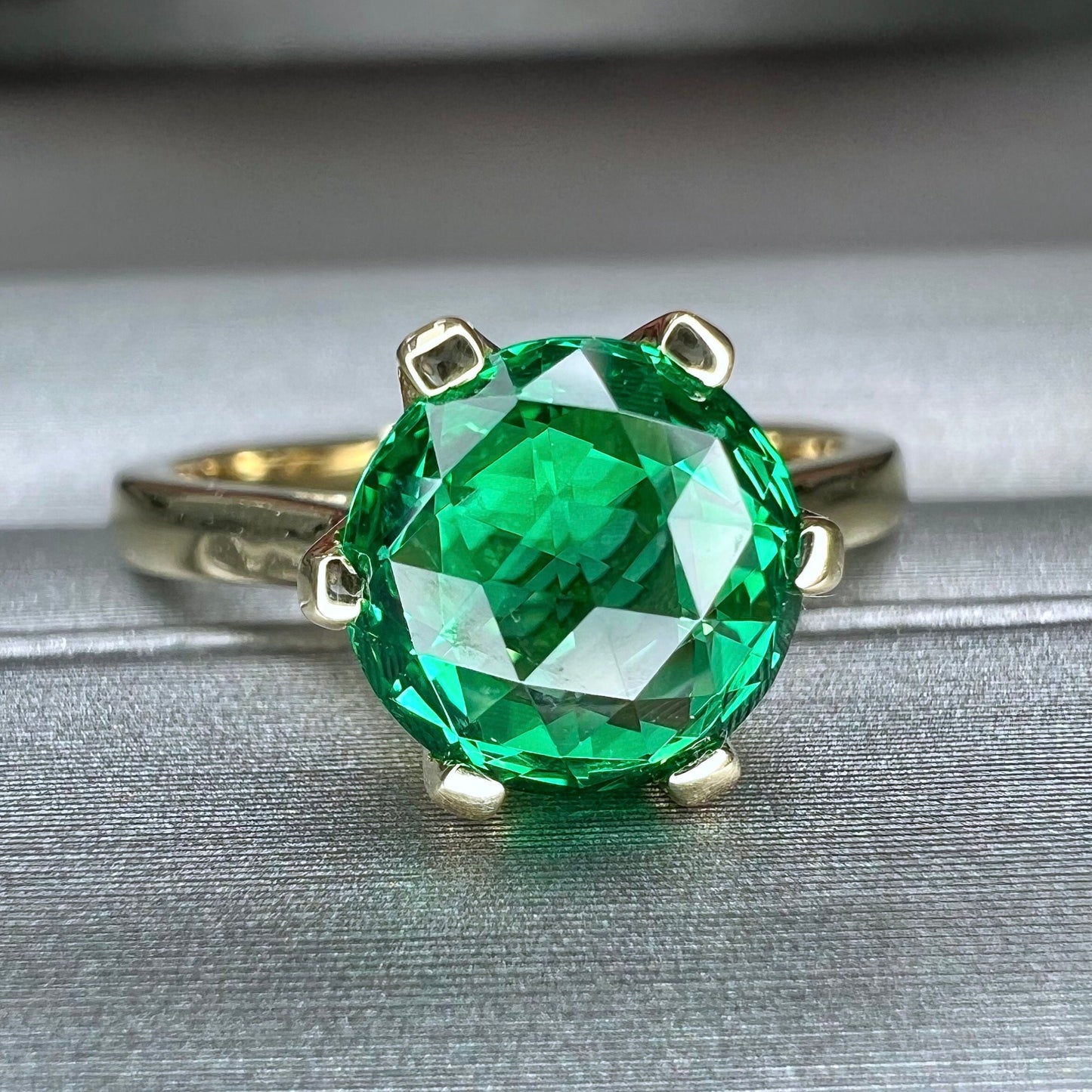Round solitaire emerald engagement ring, green emerald rose cut anniversary ring, 14k yellow gold #5837