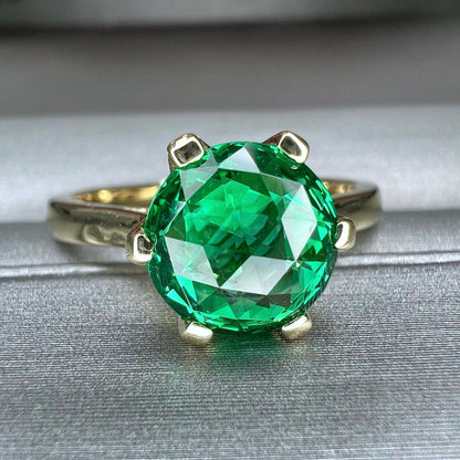 Round solitaire emerald engagement ring, green emerald rose cut anniversary ring, 14k yellow gold #5837