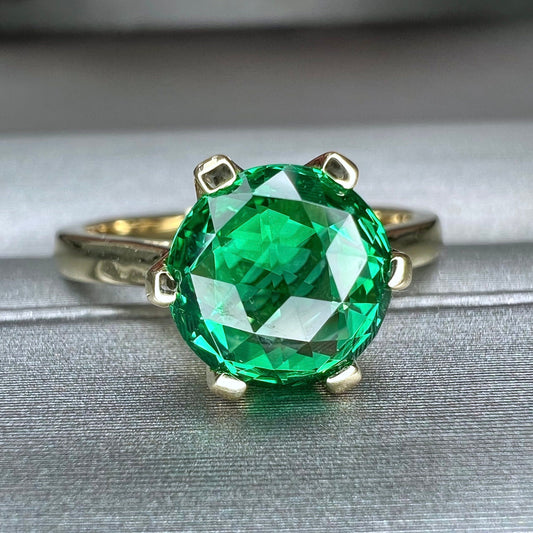 Round solitaire emerald engagement ring, green emerald rose cut anniversary ring, 14k yellow gold #5837