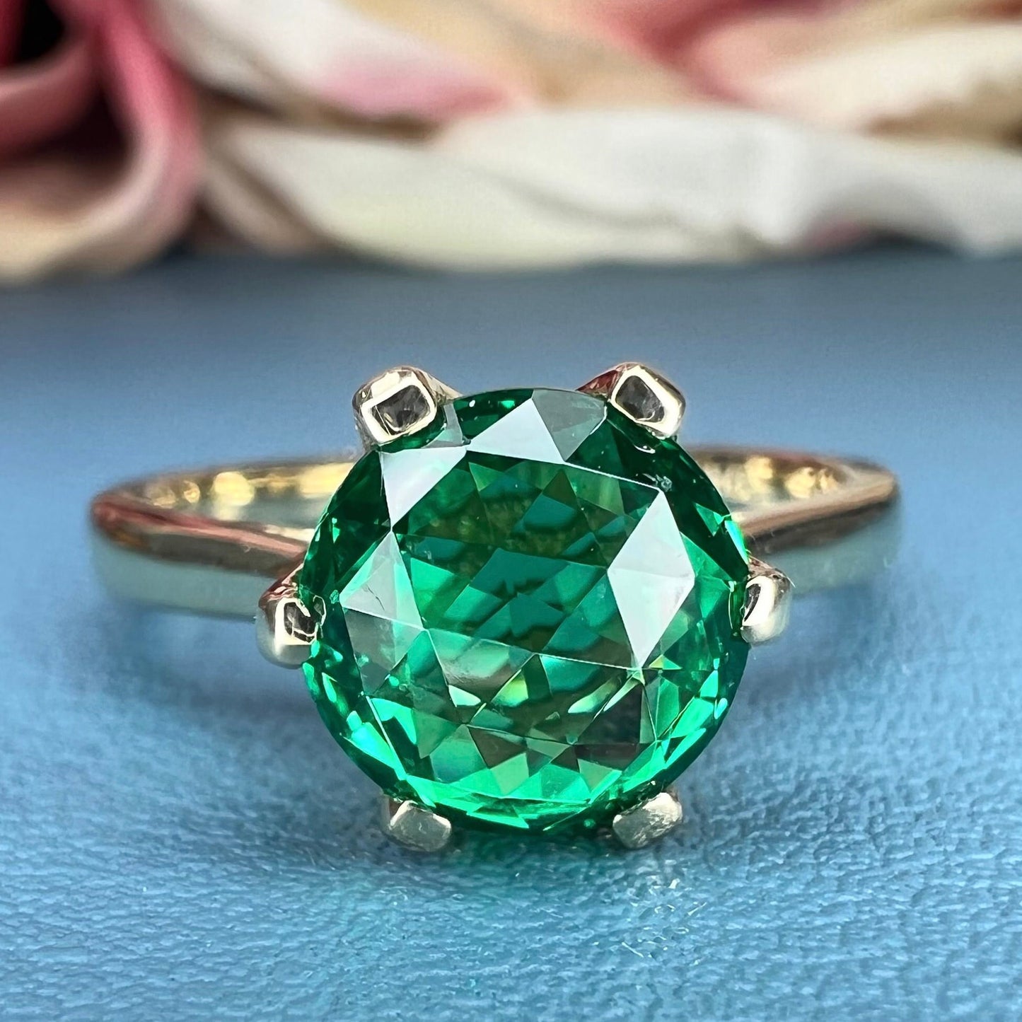 Round solitaire emerald engagement ring, green emerald rose cut anniversary ring, 14k yellow gold #5837