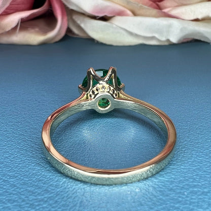 Round solitaire emerald engagement ring, green emerald rose cut anniversary ring, 14k yellow gold #5837