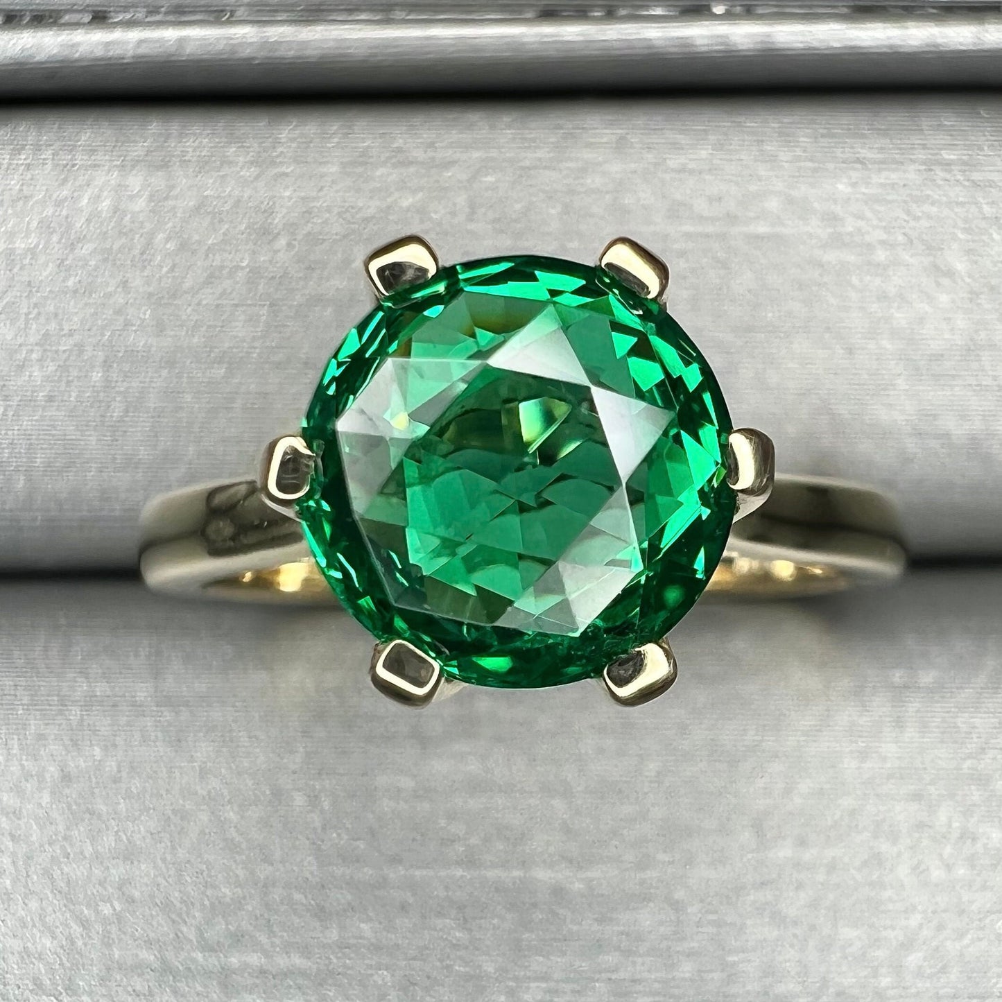 Round solitaire emerald engagement ring, green emerald rose cut anniversary ring, 14k yellow gold #5837