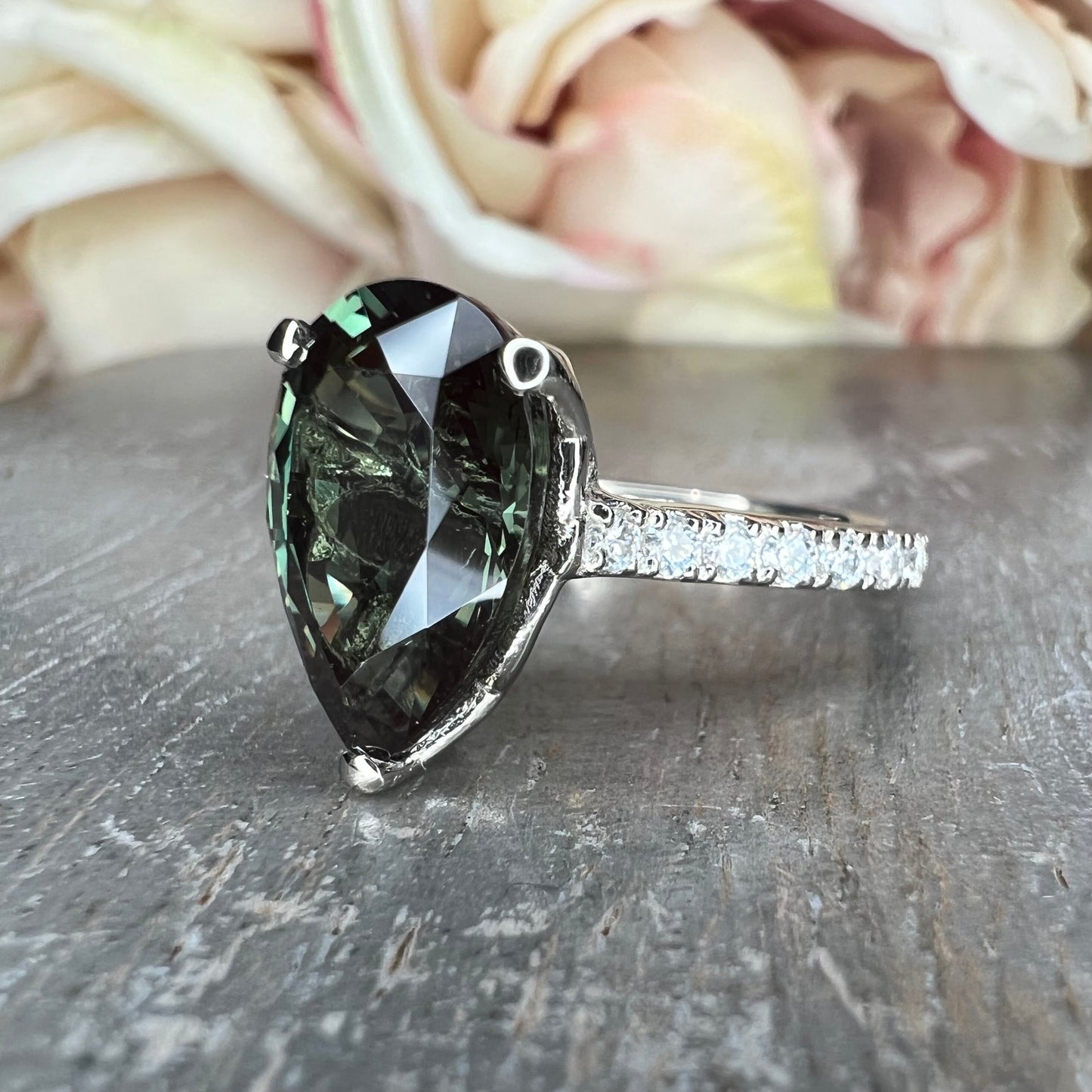 Pear shape olive green sapphire engagement ring 14k white or yellow gold, Unique olive green sapphire wedding anniversary promise ring #7548