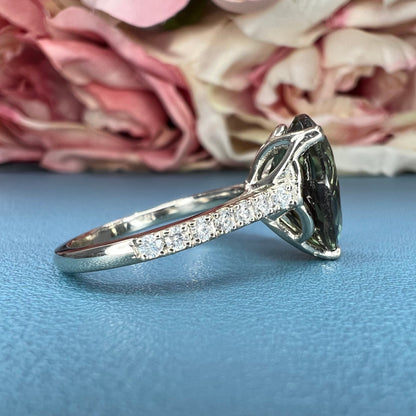 Pear shape olive green sapphire engagement ring 14k white or yellow gold, Unique olive green sapphire wedding anniversary promise ring #7548