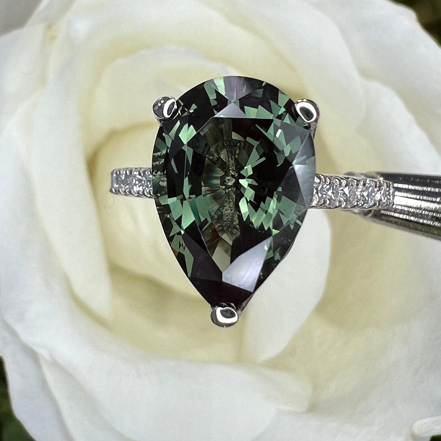 Pear shape olive green sapphire engagement ring 14k white or yellow gold, Unique olive green sapphire wedding anniversary promise ring #7548