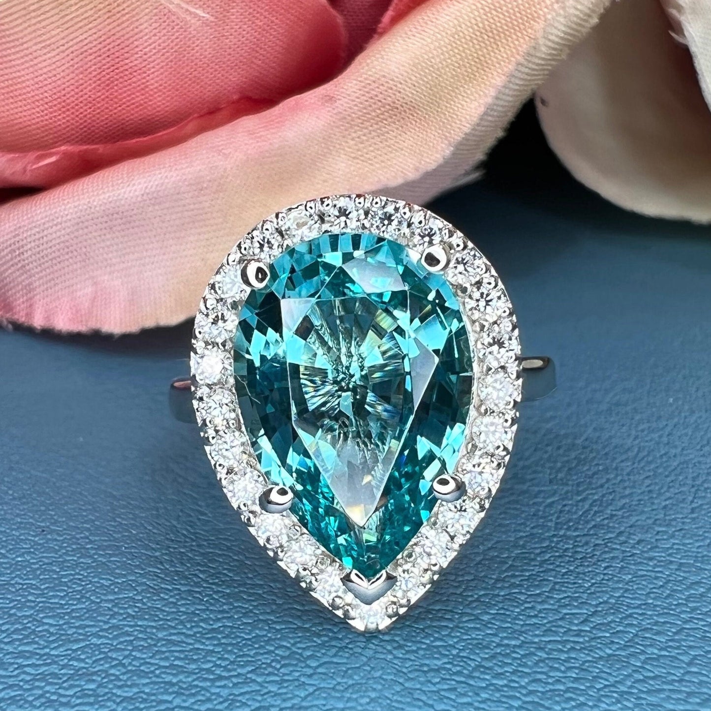 Paraiba Tourmaline Engagement Ring 14K White Gold, Pear Shaped Halo Wedding Ring, Pear Shaped Blue Tourmaline Moissanite Halo Ring, #7971
