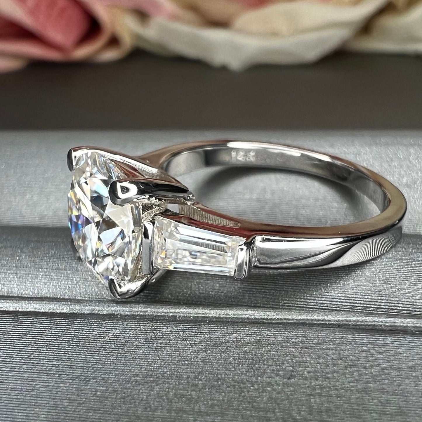 Round baguette moissanite engagement ring 14k white/yellow gold, 2.10 ctw moissanite wedding ring, Round with tapered baguette rings, #7657