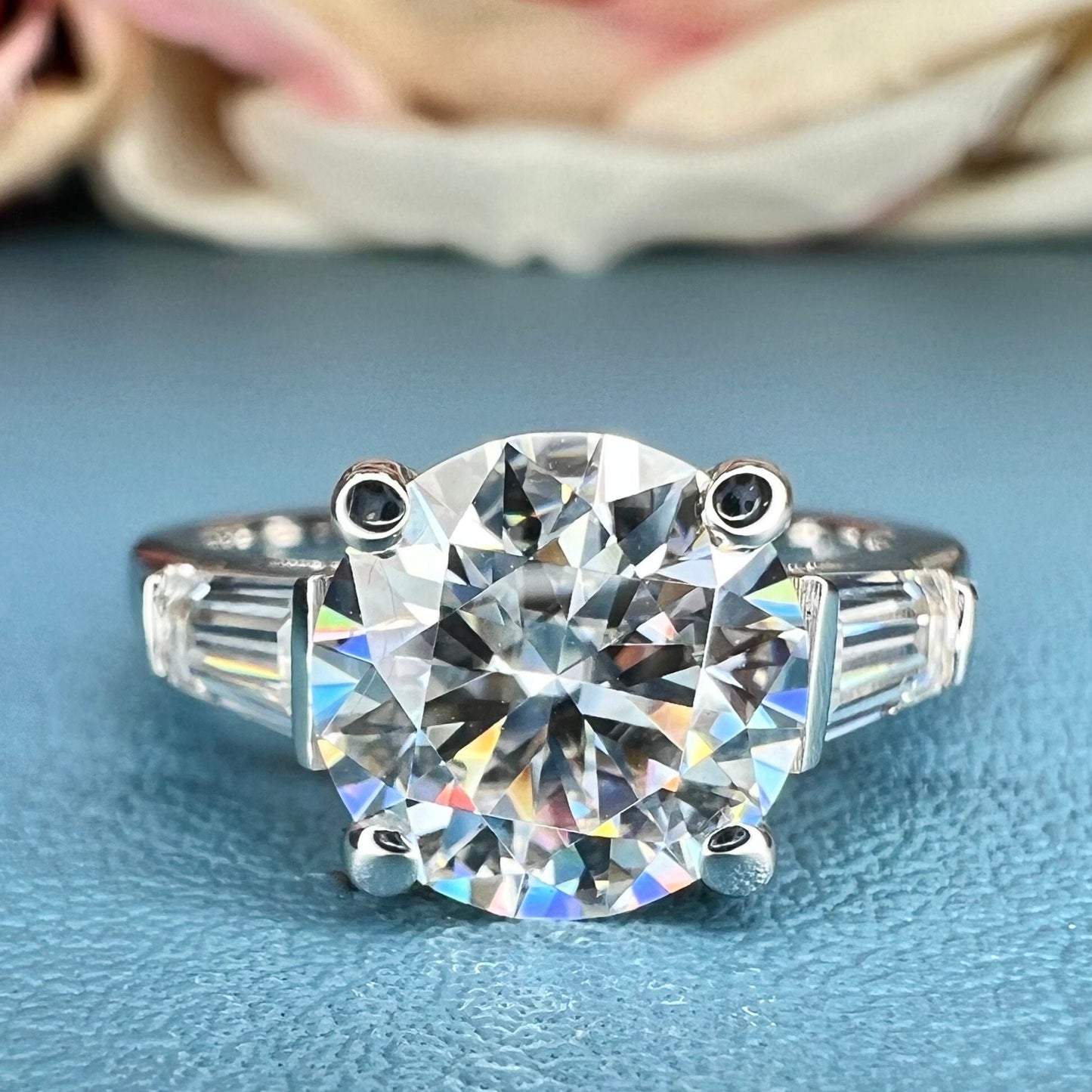 Round baguette moissanite engagement ring 14k white/yellow gold, 2.10 ctw moissanite wedding ring, Round with tapered baguette rings, #7657
