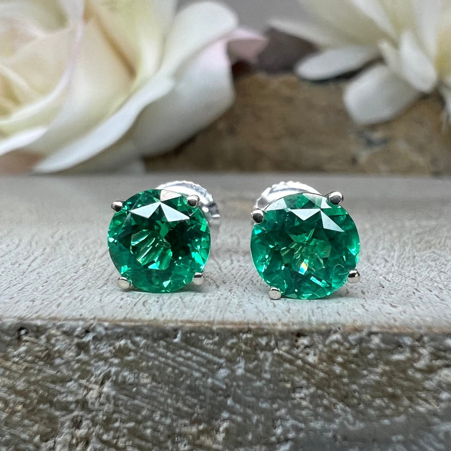 Round brilliant emerald earrings, 2.00ctw. stud earrings with screw backs 14k white gold  #5460