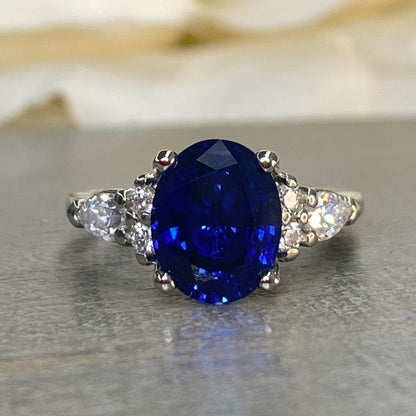 Oval Blue Sapphire Engagement Ring 14K Solid White Gold , Unique Vintage Oval Cluster Ring For Women , Blue Sapphire Engagement Rings  #7213