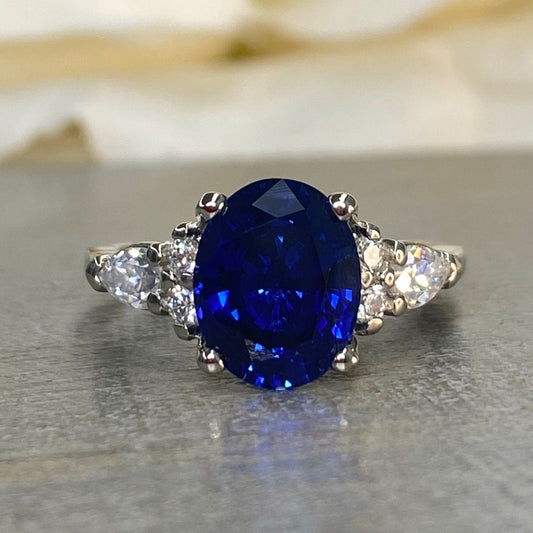 Oval Blue Sapphire Engagement Ring 14K Solid White Gold , Unique Vintage Oval Cluster Ring For Women , Blue Sapphire Engagement Rings  #7213