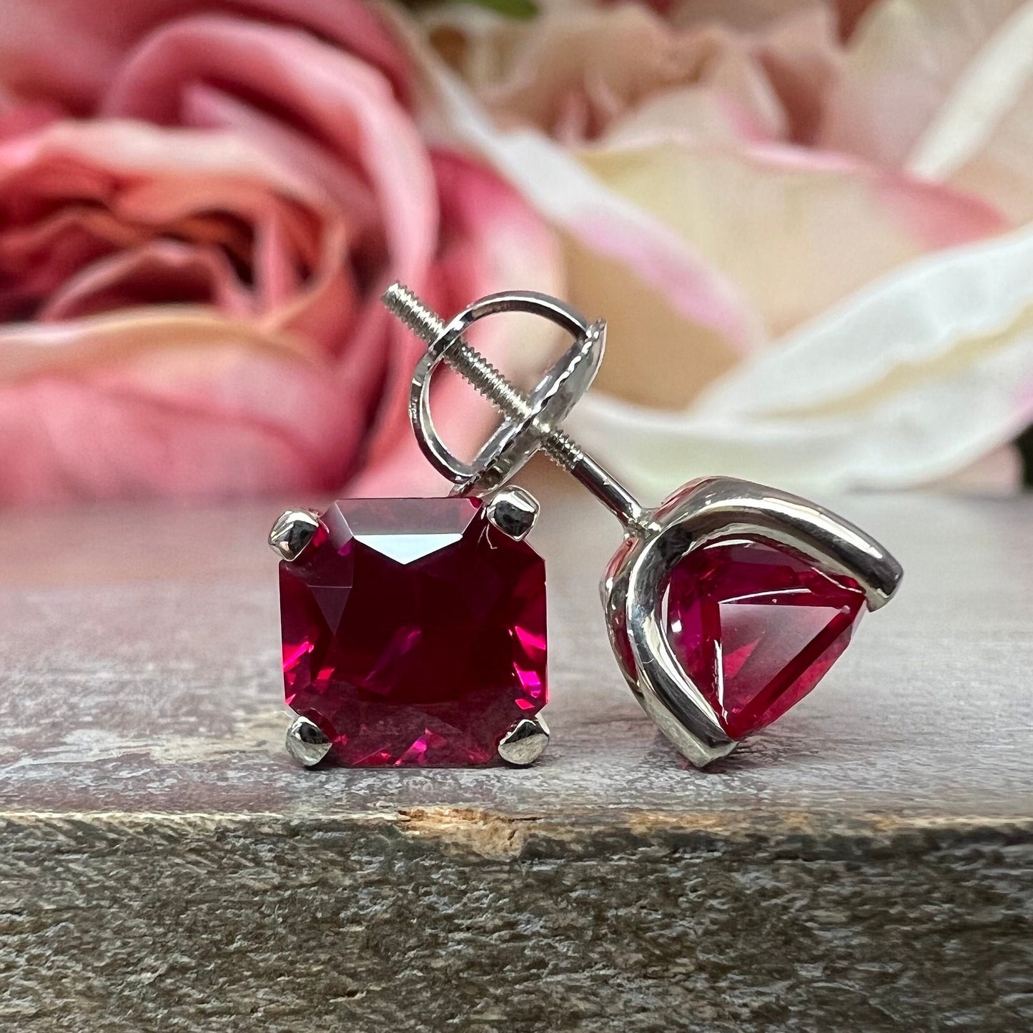 Radiant Cut Studs, 3.50CTW Blood Red Ruby Earring, Dainty Jewelry, 14k Yellow Gold, #6181