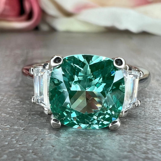 Paraiba Tourmaline Ring 14k White Gold, Cushion Cut Paraiba Tourmaline Ring, Green Paraiba Ring, Three Stone Paraiba Engagement Ring, #6761