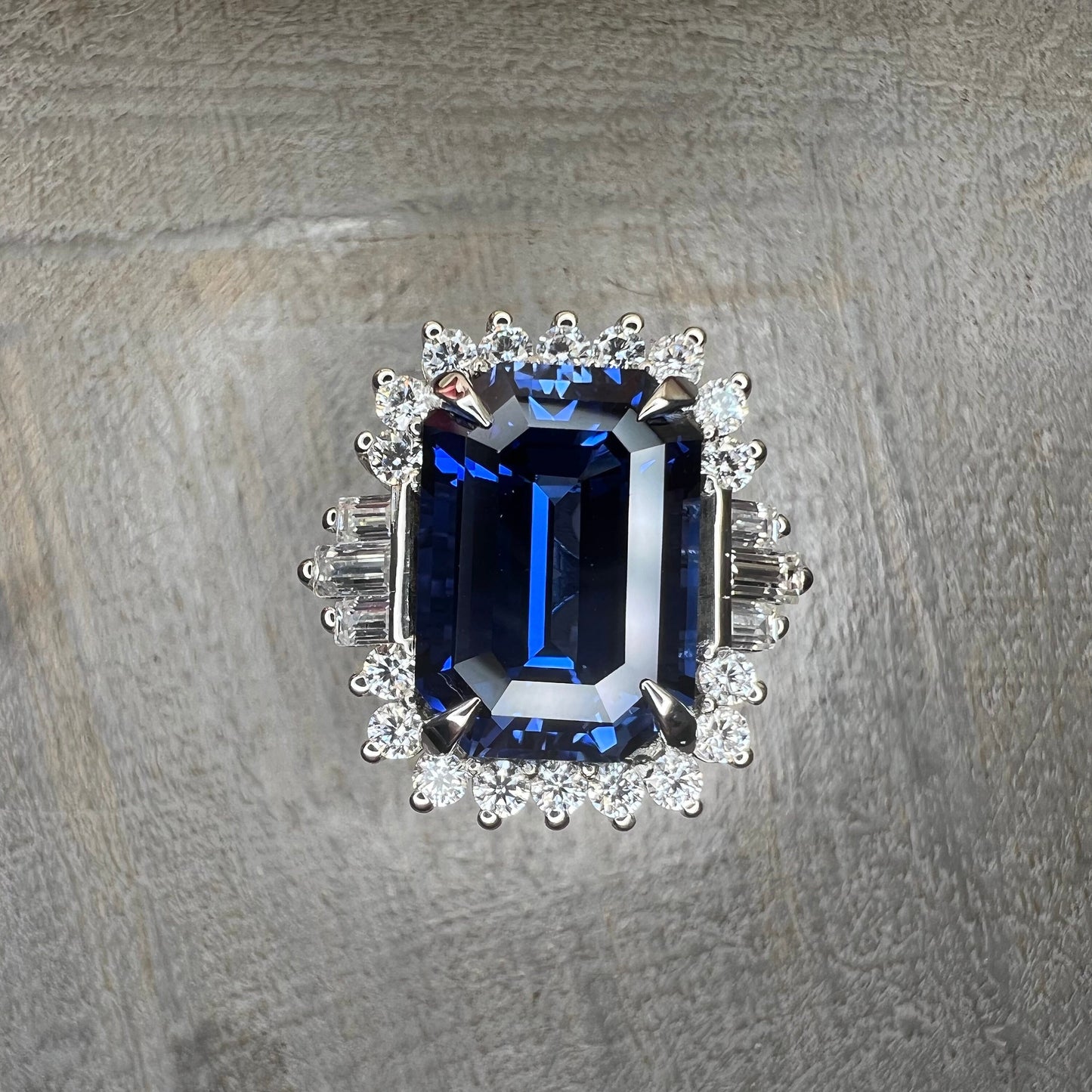 Emerald cut blue sapphire with moissanite halo engagement ring 14K white gold, Unique vintage blue sapphire wedding anniversary rings, #7554