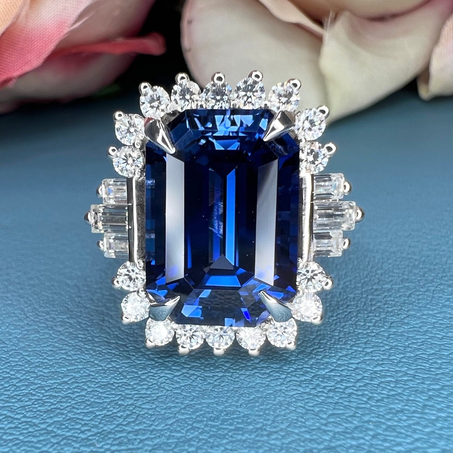 Emerald cut blue sapphire with moissanite halo engagement ring 14K white gold, Unique vintage blue sapphire wedding anniversary rings, #7554