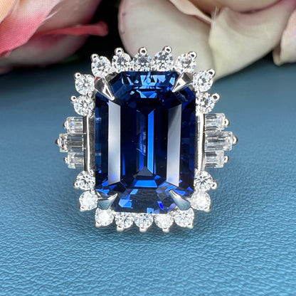 Emerald cut blue sapphire with moissanite halo engagement ring 14K white gold, Unique vintage blue sapphire wedding anniversary rings, #7554