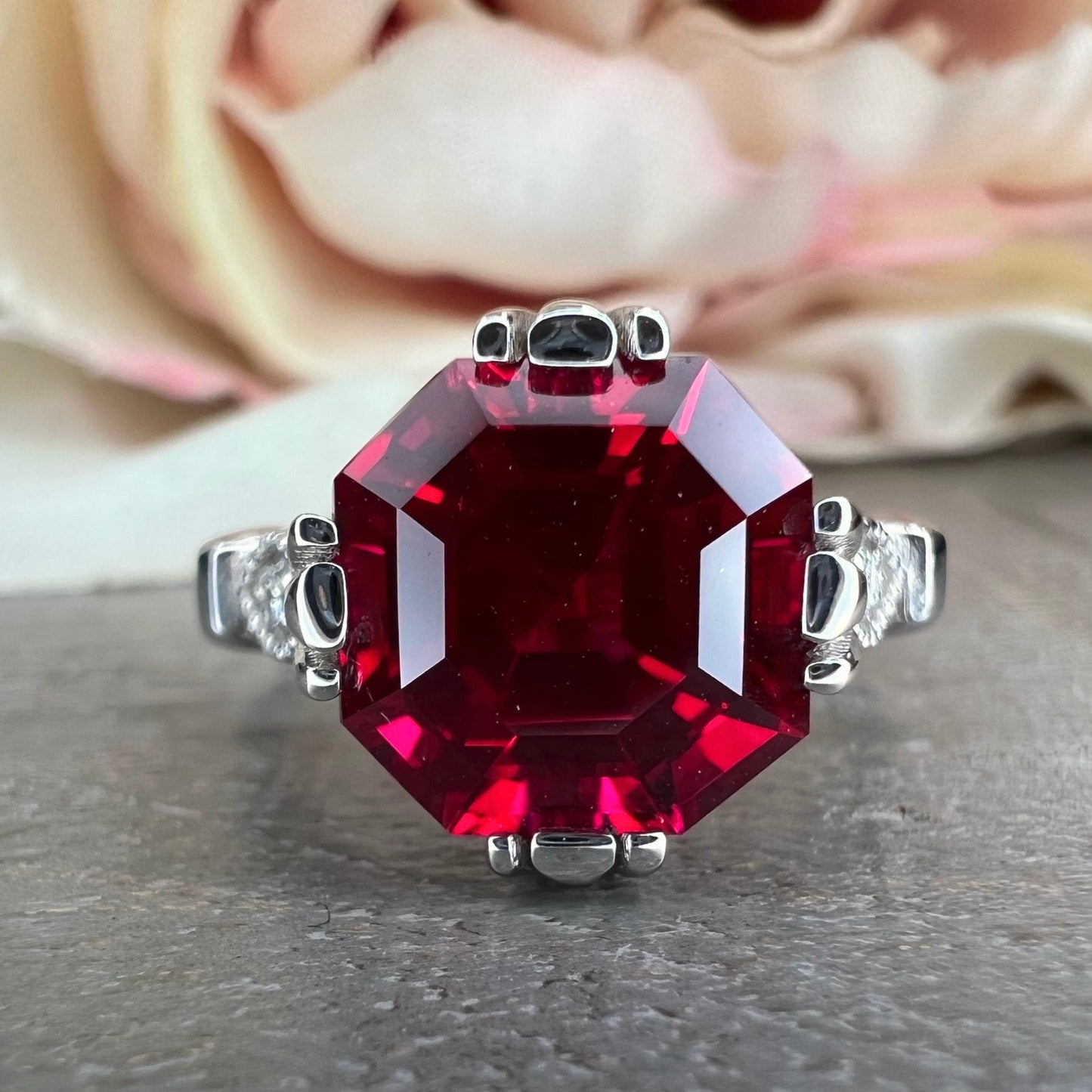 Asscher Cut Ruby Engagement Ring, Ruby Asscher Cut Vintage Ladies Wedding Ring, 14k Yellow Gold Unique Ruby And Diamond Statement Ring