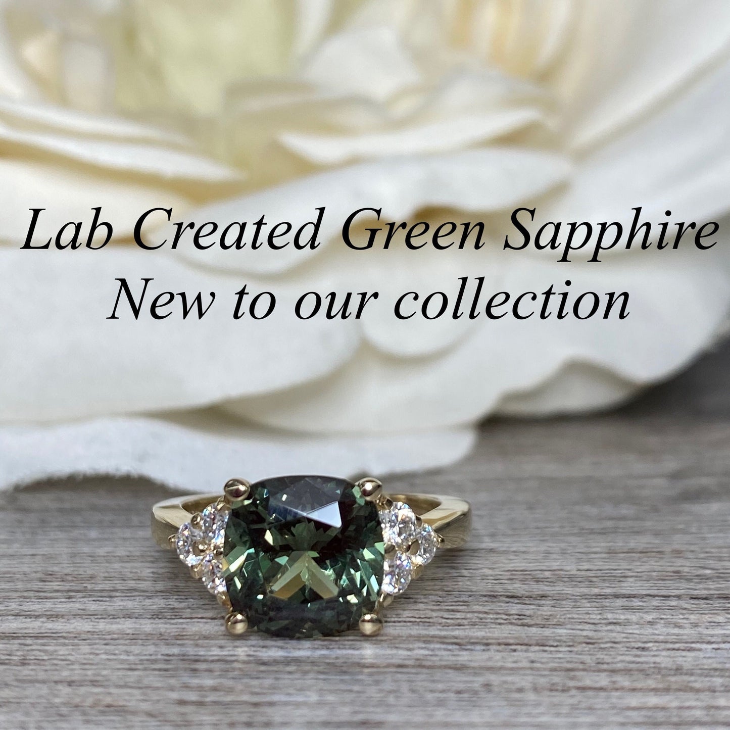 Green Sapphire Cushion Cut And Diamond Engagement Ring, 14k Gold Unique Green Sapphire And Moissanite Accents  Ladies Wedding Ring     #7167