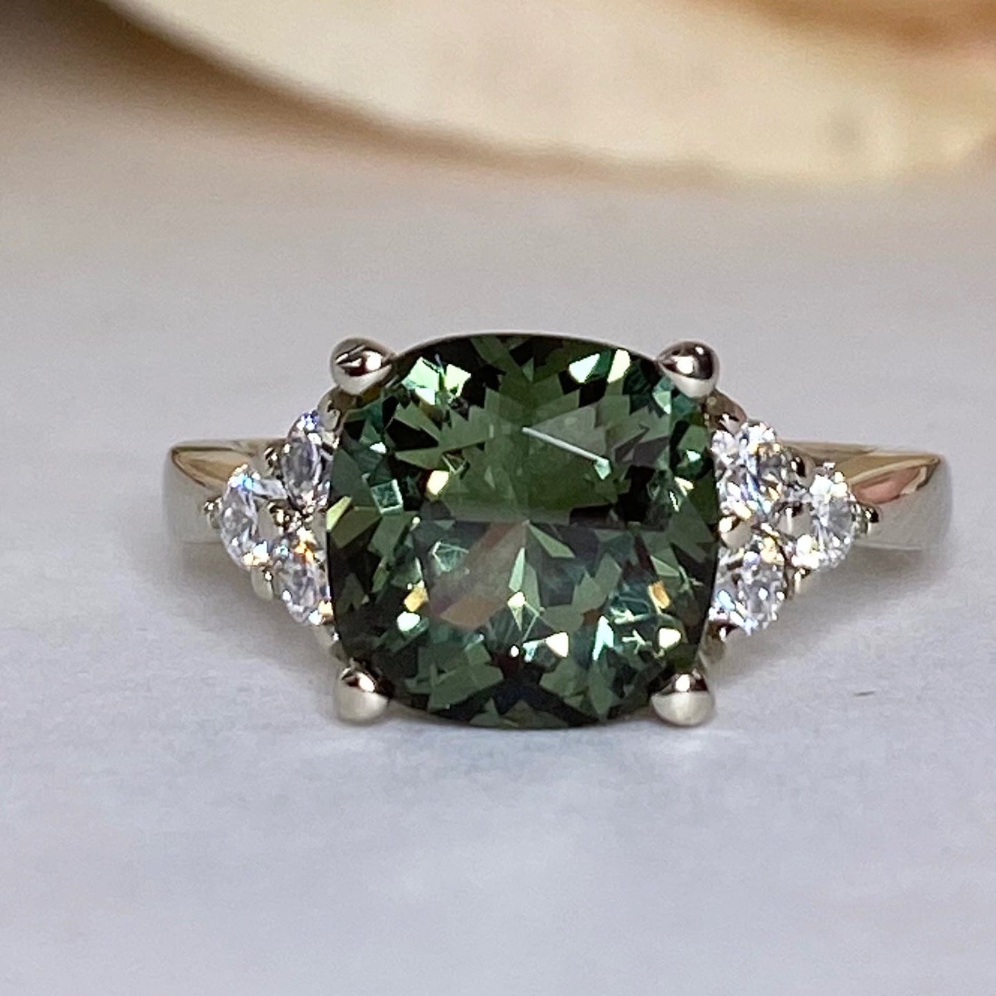 Green Sapphire Cushion Cut And Diamond Engagement Ring, 14k Gold Unique Green Sapphire And Moissanite Accents  Ladies Wedding Ring     #7167
