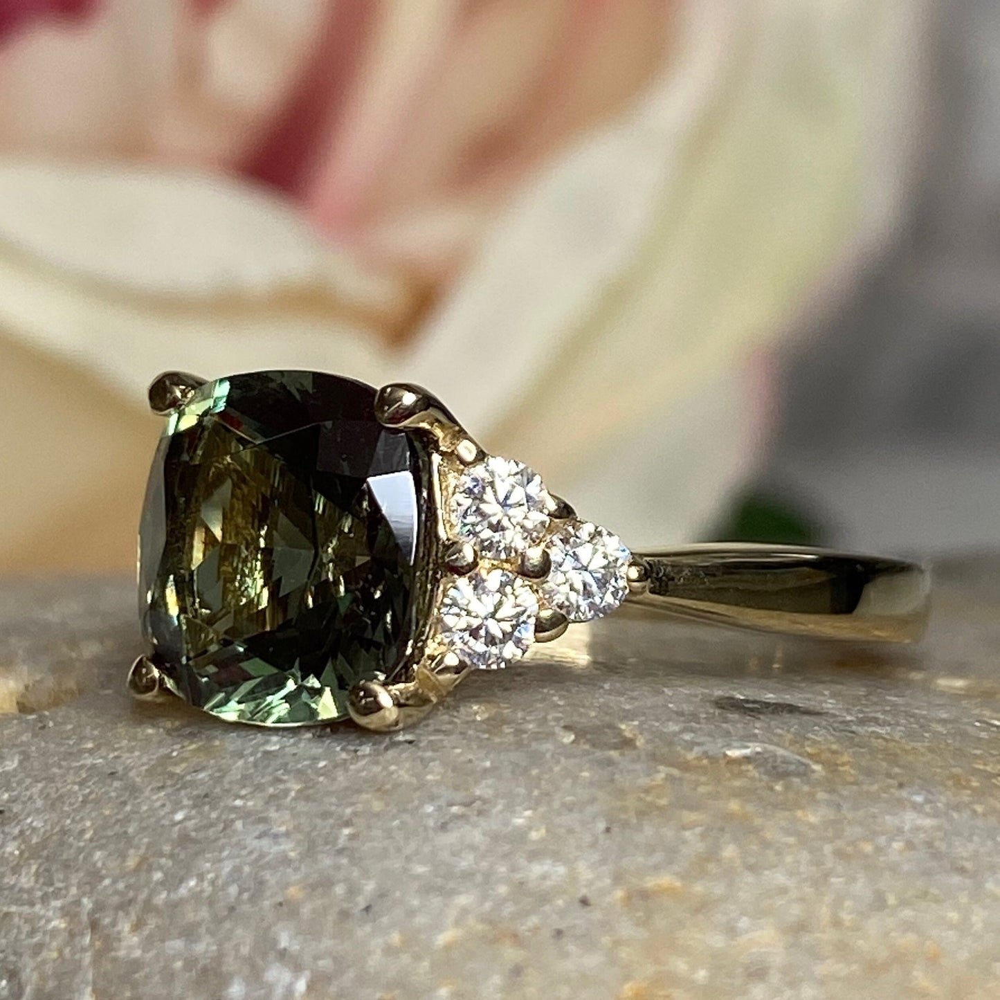Green Sapphire Cushion Cut And Diamond Engagement Ring, 14k Gold Unique Green Sapphire And Moissanite Accents  Ladies Wedding Ring     #7167
