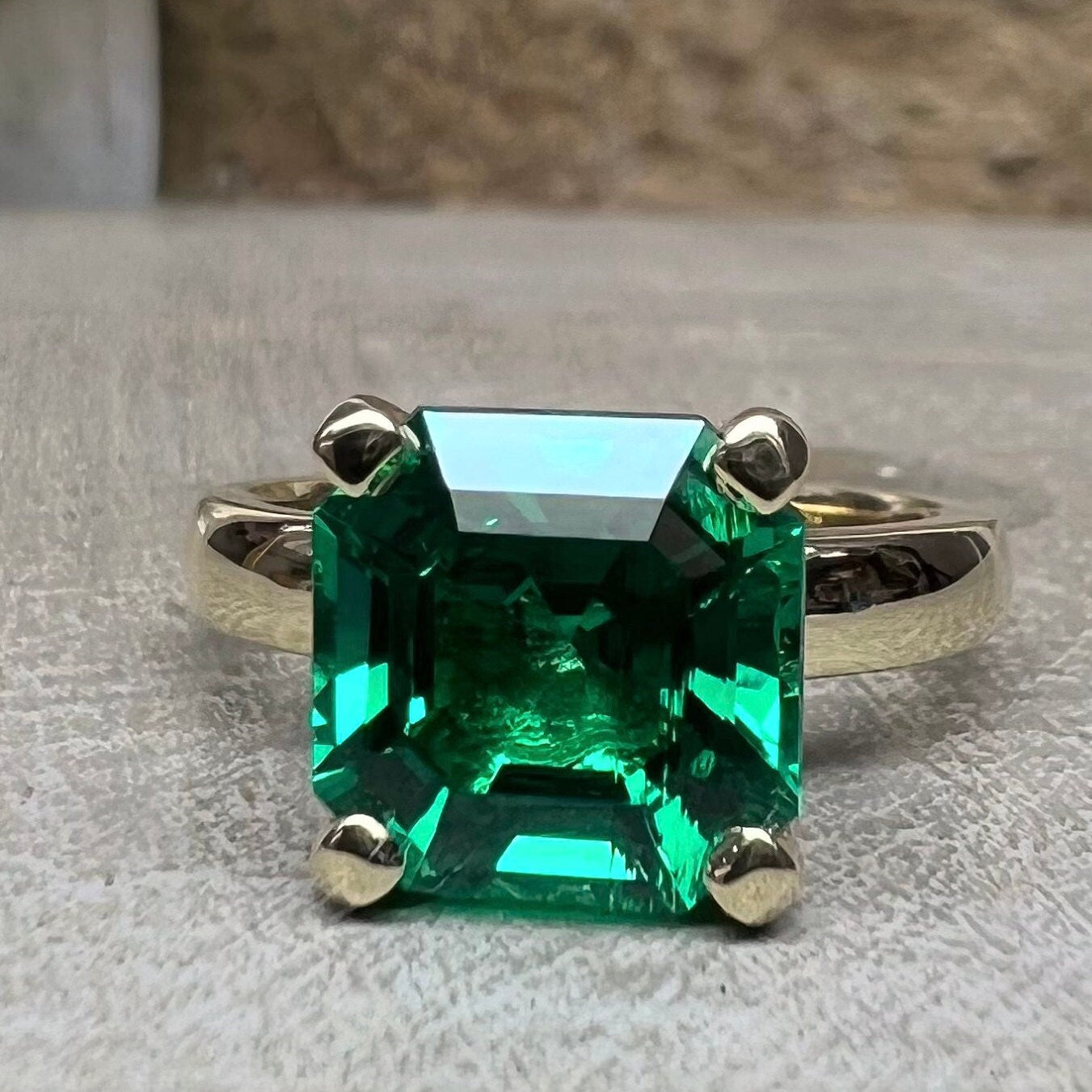 Asscher Cut Emerald Solitaire Engagement, 14k Yellow Gold Green Emerald Square Shape Statement Ring For Ladies, May Birthstone Ring
