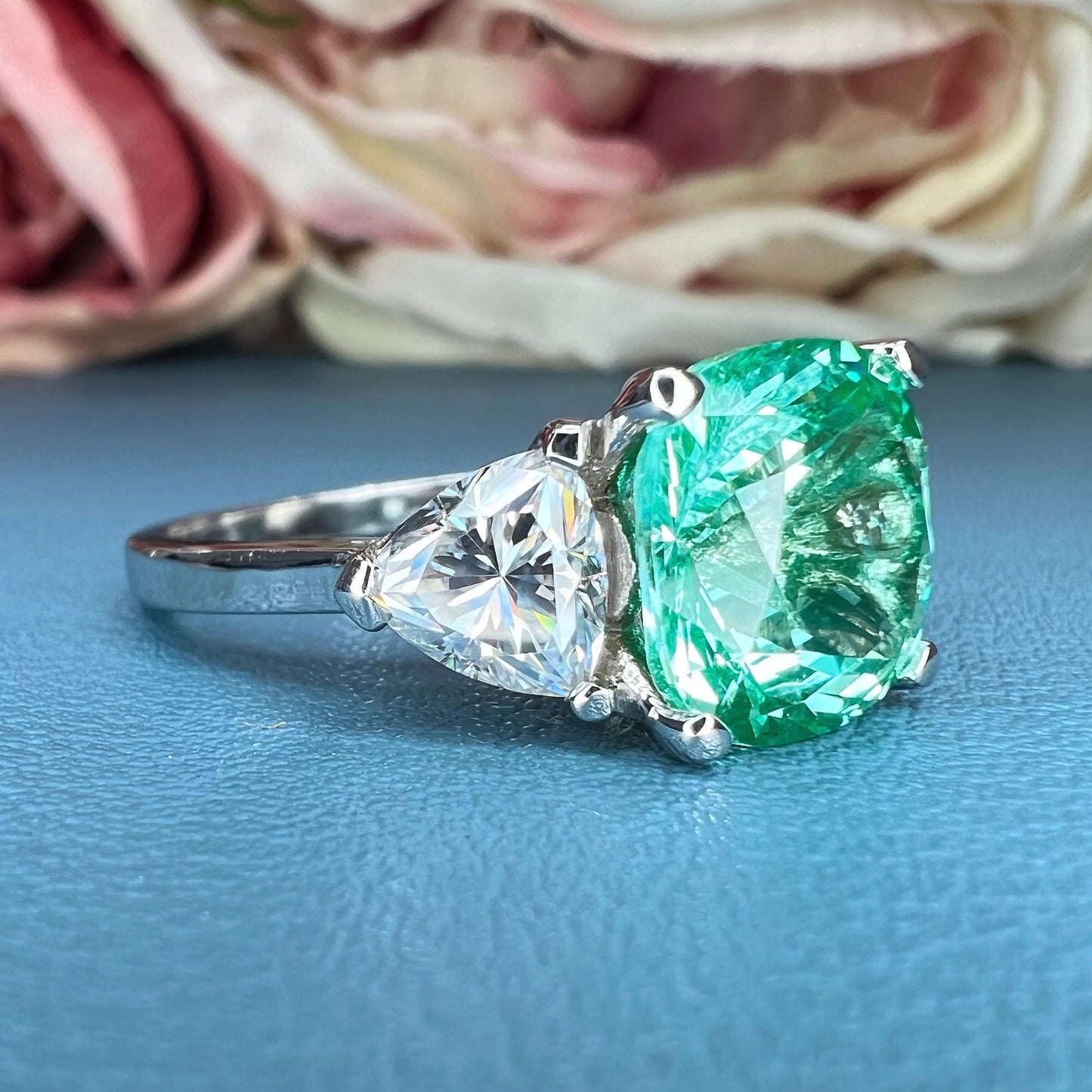 Green Paraiba Cushion Shaped Moissanite Trillions 14k Solid White Gold Three Stone Paraiba Wedding Ring Unique Vintage Promise Ring  #6829