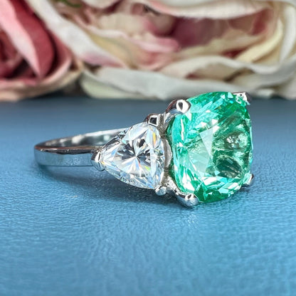 Green Paraiba Cushion Shaped Moissanite Trillions 14k Solid White Gold Three Stone Paraiba Wedding Ring Unique Vintage Promise Ring  #6829