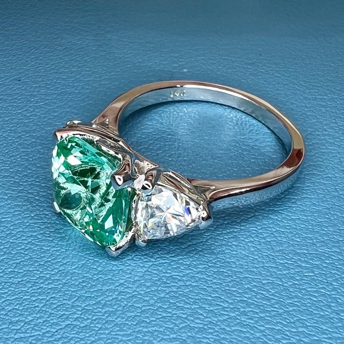 Green Paraiba Cushion Shaped Moissanite Trillions 14k Solid White Gold Three Stone Paraiba Wedding Ring Unique Vintage Promise Ring  #6829