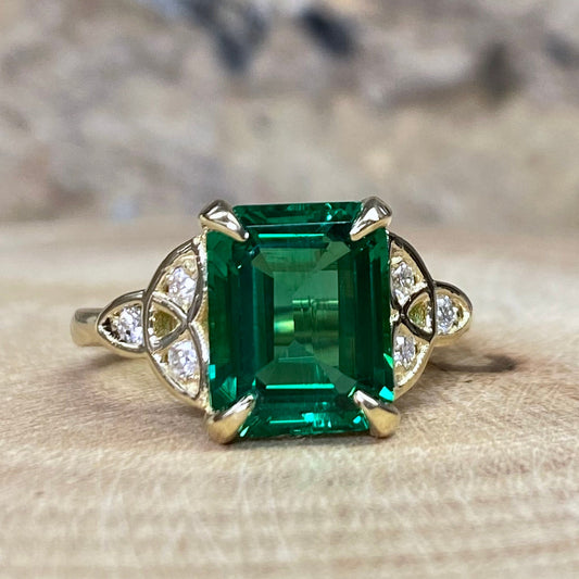Emerald Cut Emerald And Moissanite Engagement Ring 14K Yellow Gold Celtic Engagement Ring Women Unique Emerald Anniversary Promise Ring 7285