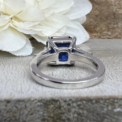 Radiant Blue Sapphire Engagement Ring White Gold Three Stone Blue Sapphire Ladies Ring Blue Sapphire Wedding Promise Anniversary Ring  #7329
