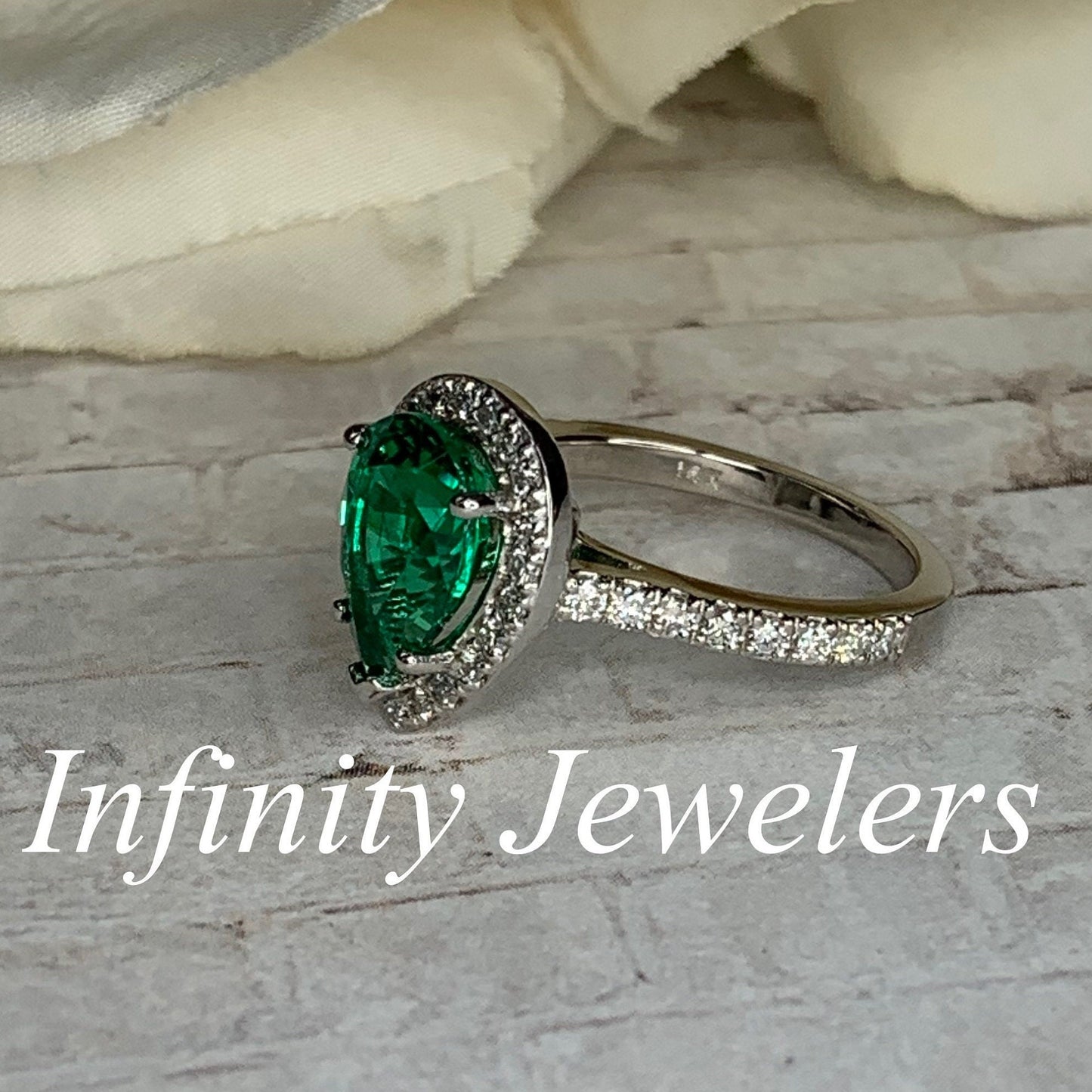 Emerald Pear Shape Engagement Ring, Diamond Halo Ring, Unique Engagement Ring, Emerald and Moissanite Engagement Ring, 14k Gold Ring  #5276