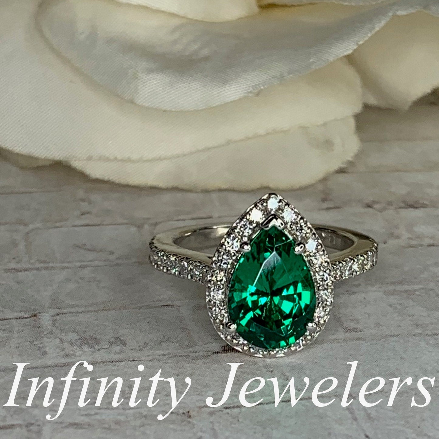 Emerald Pear Shape Engagement Ring, Diamond Halo Ring, Unique Engagement Ring, Emerald and Moissanite Engagement Ring, 14k Gold Ring  #5276