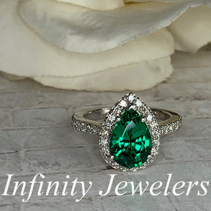 Emerald Pear Shape Engagement Ring, Diamond Halo Ring, Unique Engagement Ring, Emerald and Moissanite Engagement Ring, 14k Gold Ring  #5276