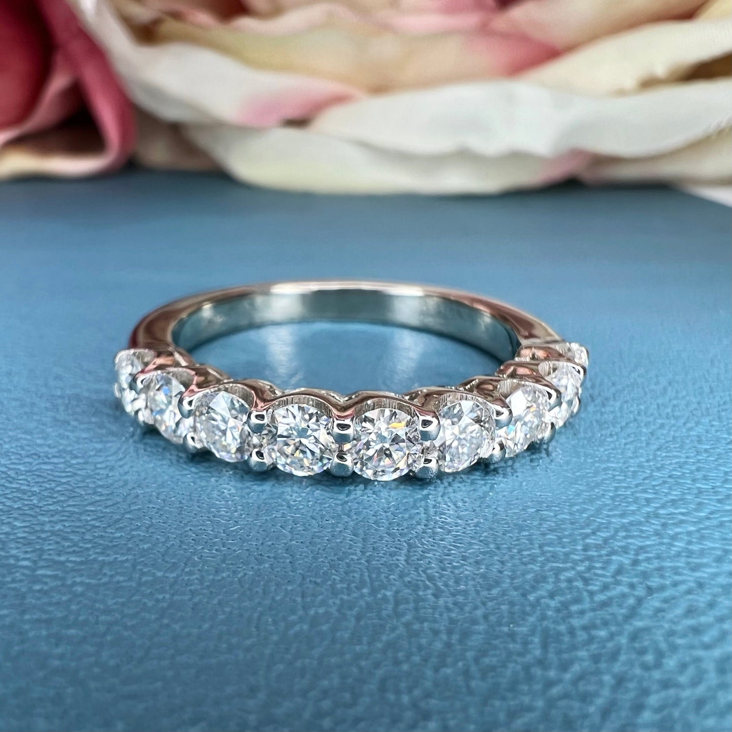 Moissanite Half Eternity Wedding Band, Vintage Moissanite Round Eternity Engagement Ring 14k Solid Gold Moissanite Eternity Band Women #7180