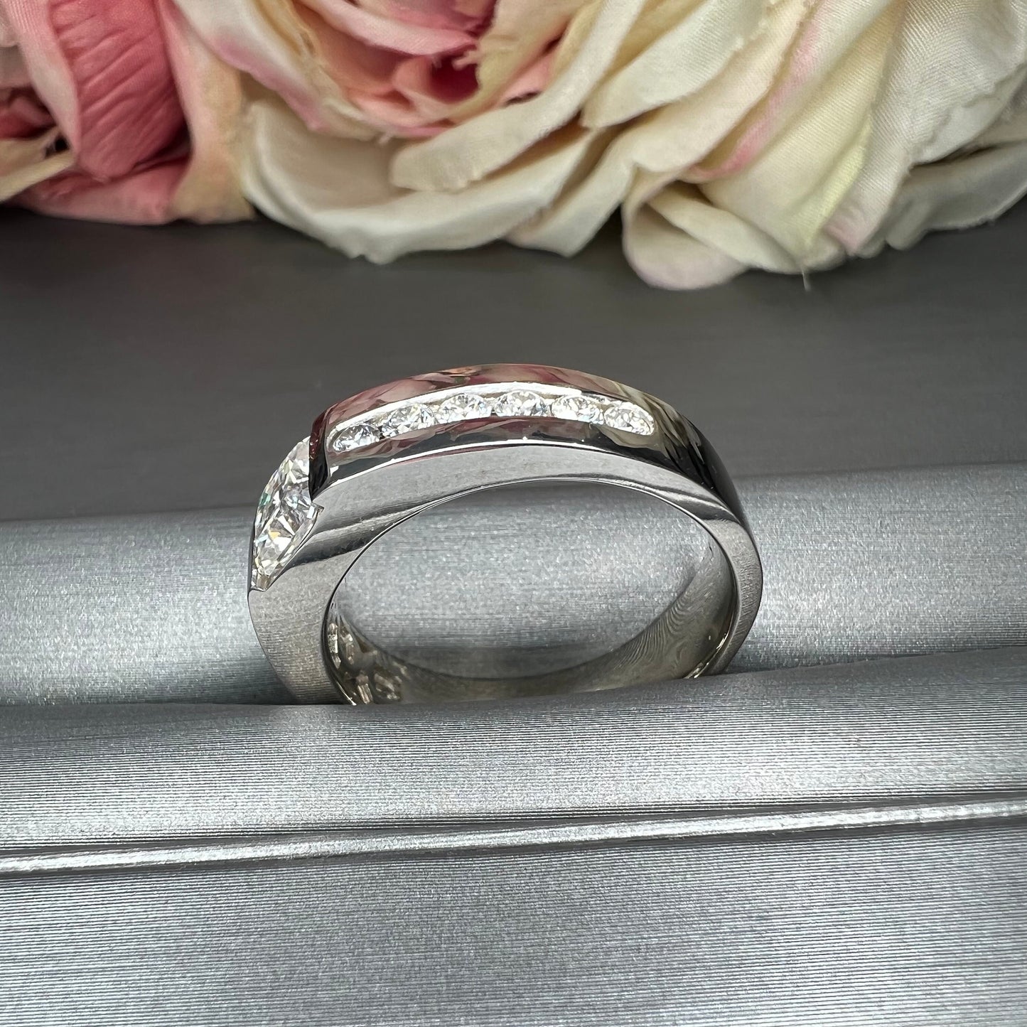 Mens Radiant Cut Moissanite Wedding Band White Gold, Classic Mans Wedding Band Comfort Fit, Mens Wedding Band White Gold Promise Ring, #7649