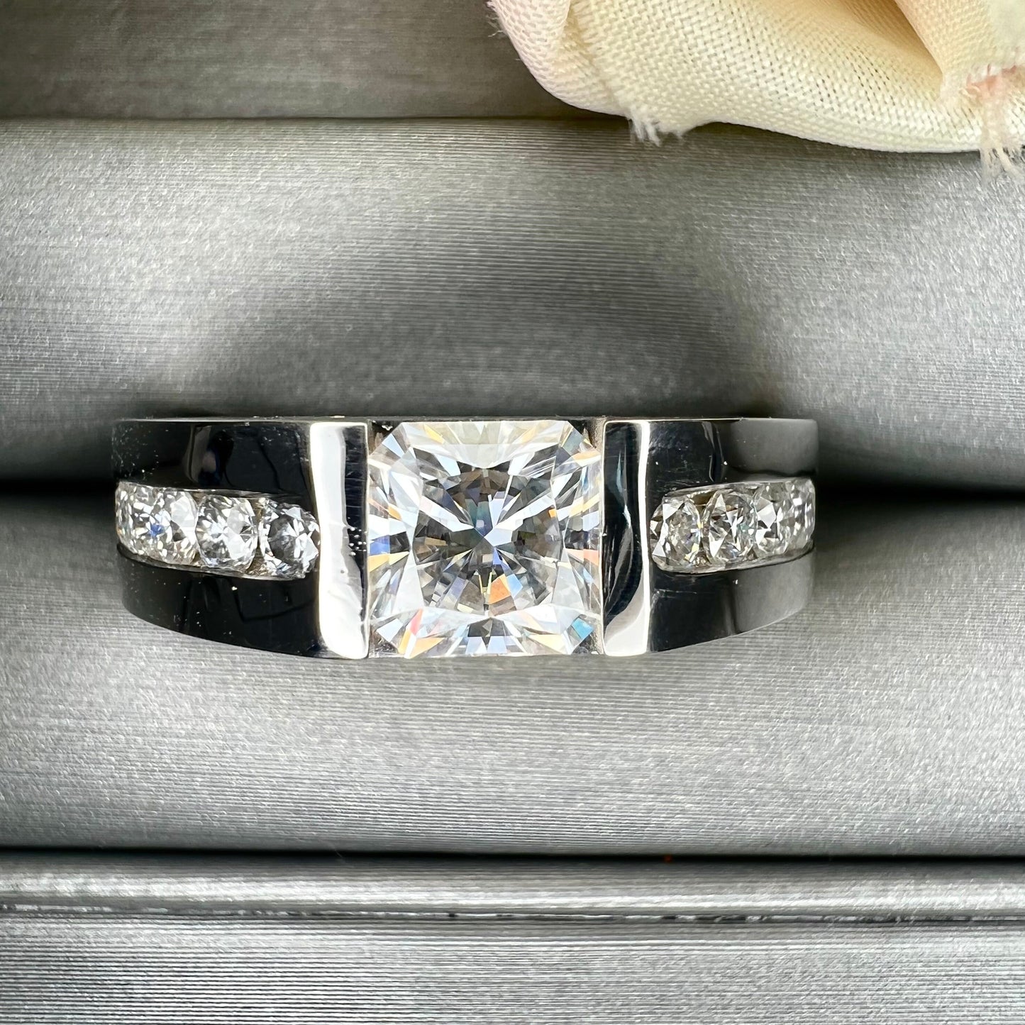 Mens Radiant Cut Moissanite Wedding Band White Gold, Classic Mans Wedding Band Comfort Fit, Mens Wedding Band White Gold Promise Ring, #7649