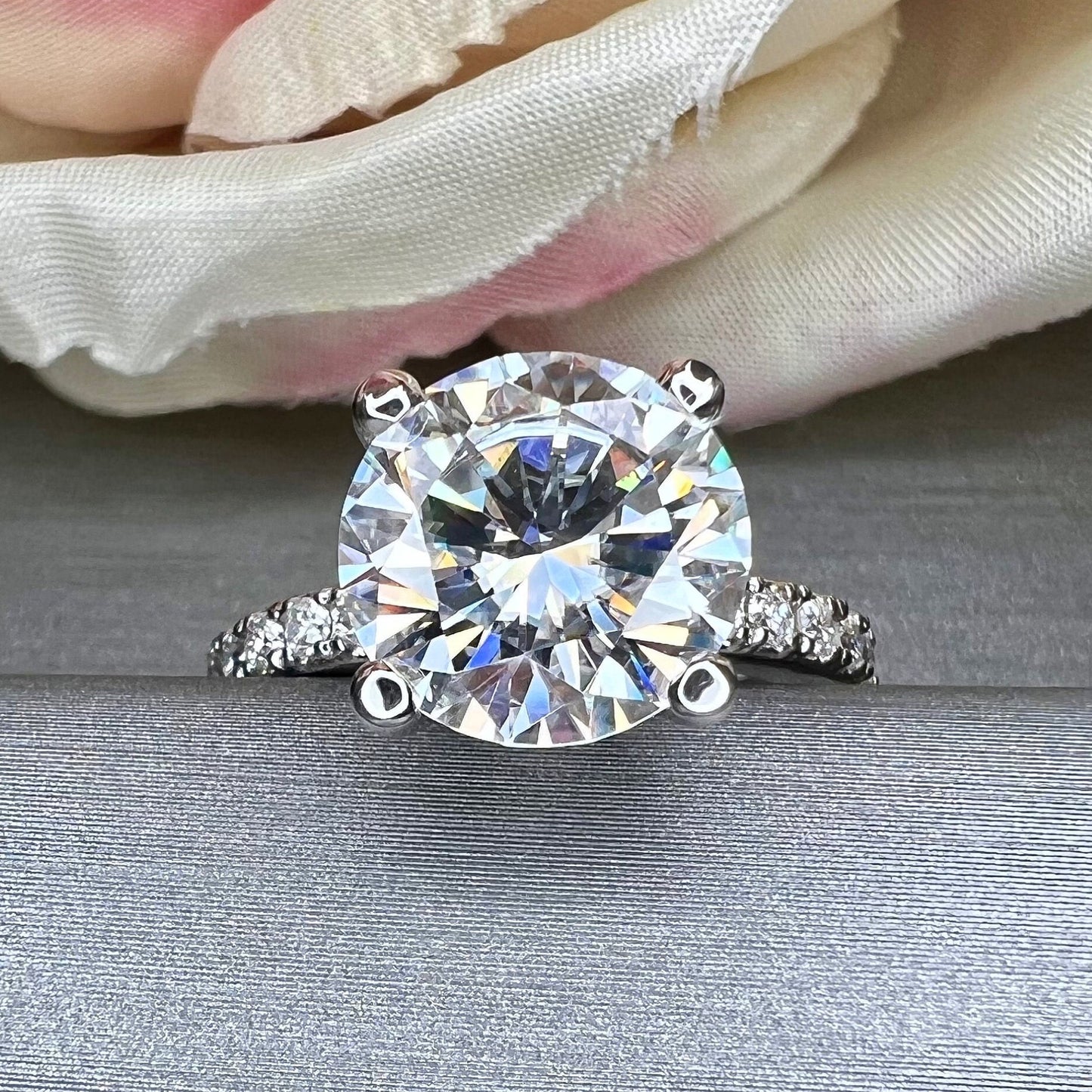 Moissanite Round Brilliant Solitaire Engagement Ring With Round Moissanite Accents In 14K White Gold, Infinity Jewelers USA #6903 #6904