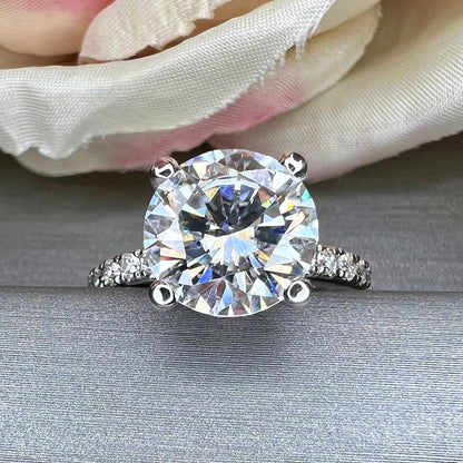 Moissanite Round Brilliant Solitaire Engagement Ring With Round Moissanite Accents In 14K White Gold, Infinity Jewelers USA #6903 #6904