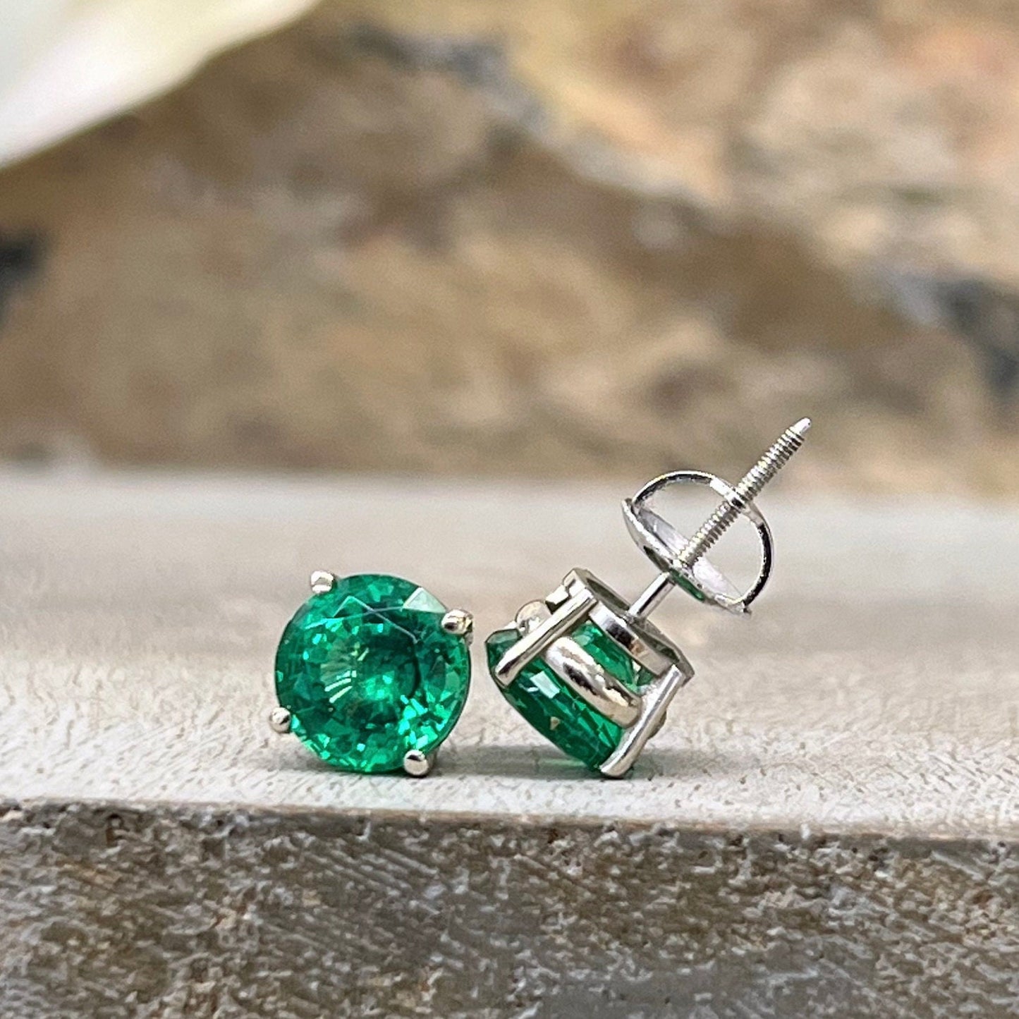 Round brilliant emerald earrings, 2.40ctw. stud earrings with screw backs 14k white gold  #6878