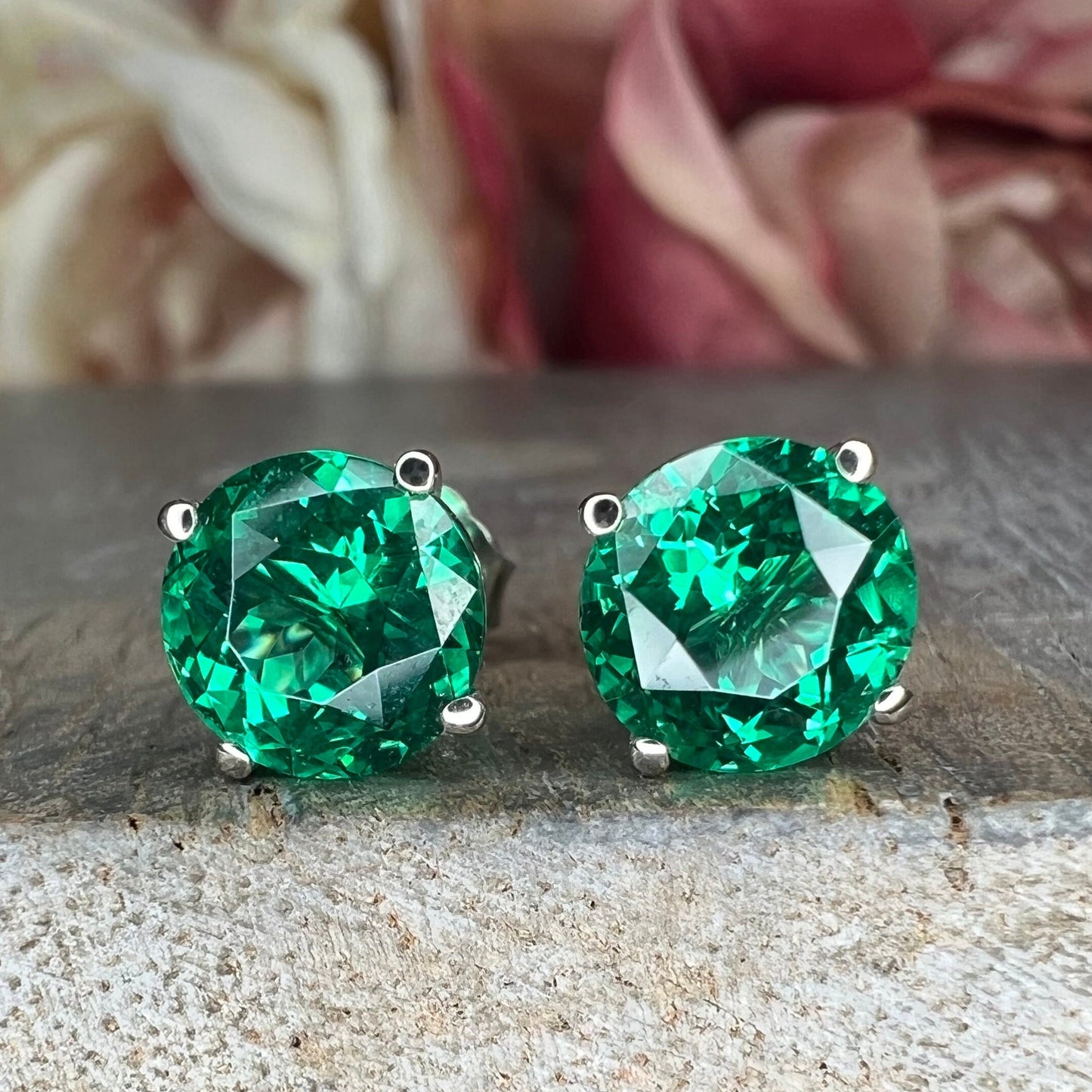 Round brilliant emerald earrings, 2.40ctw. stud earrings with screw backs 14k white gold  #6878