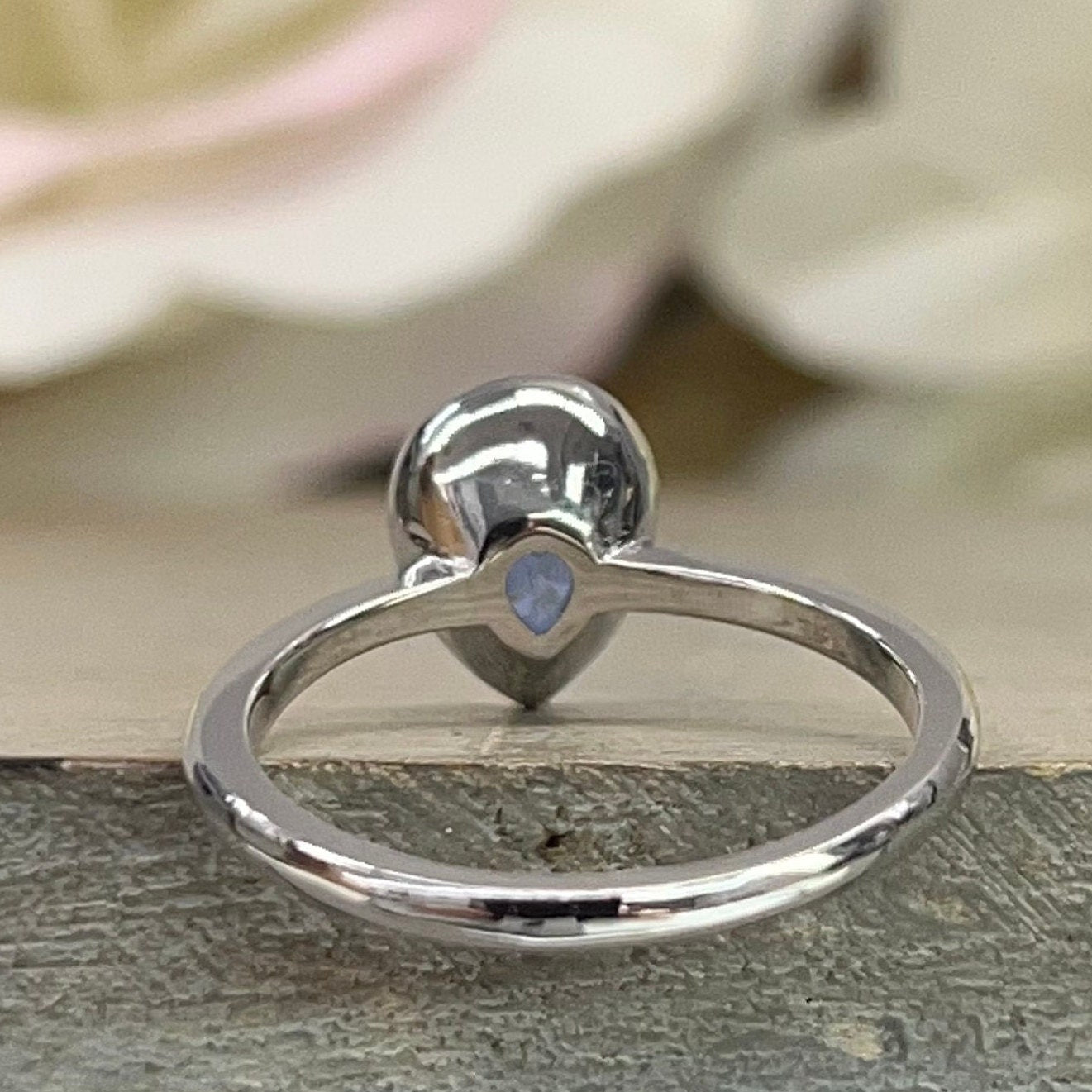 Pear shape  blue sapphire ladies ring, bezel set in 14k white gold #5860