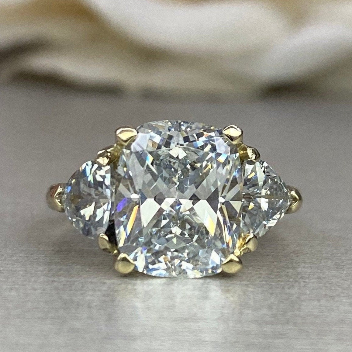 Moissanite Cushion Cut Engagement Ring With Trillions In 14k Yellow Gold, Three Stone Engagement Ring, Ring For Ladies,  #6834, #6835