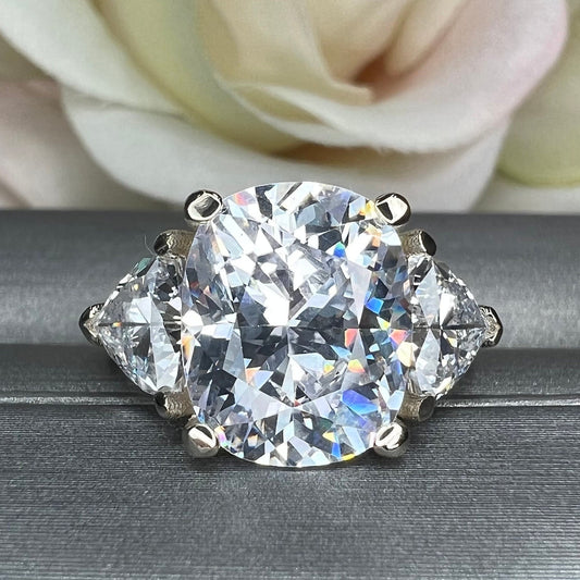 Moissanite Cushion Cut Engagement Ring With Trillions In 14k Yellow Gold, Three Stone Engagement Ring, Ring For Ladies,  #6834, #6835